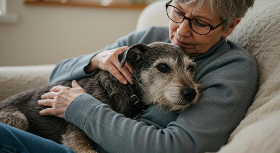 Older dog resting comfortably with its owner